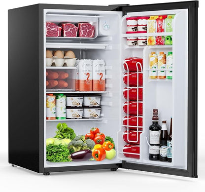 COWSAR 3.2 Cu.Ft Dorm Fridge with Freezer, Single Reversible Door Compact Refrigerator, Adjustable Thermostat, 2 Removable Shelves, Commercial Drink Fridge for Bedroom, Office, Kitchen, Dorm, Black