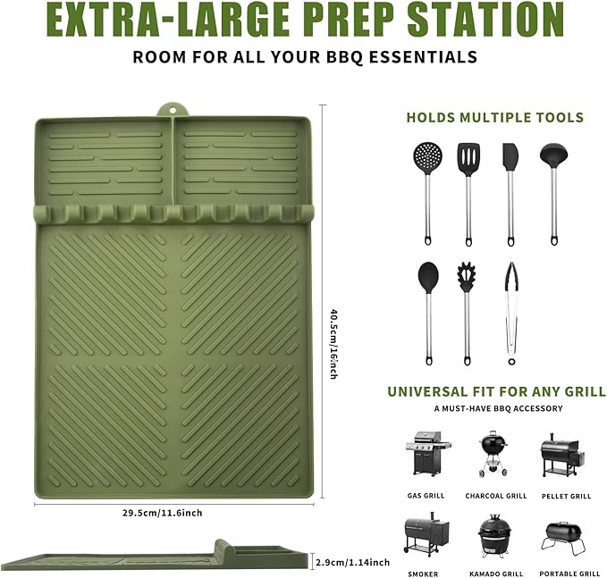 Silicone Griddle Tools Mat for Blackstone Weber, Extra Large 16" x 11.6" Spatula Mat with Drip Pad, Heat Resistant BBQ Accessories Organizer for Outdoor Grill Side Shelf, BBQ Gifts for Men
