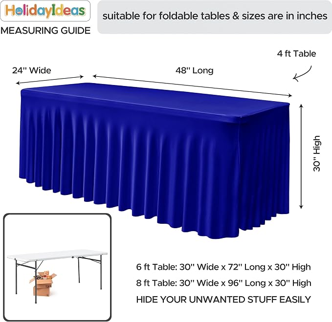 2 Pcs Royal Blue Spandex Table Covers 4ft Rectangle Ruffle Skirts for Party | Elastic Table Covers 4 Foot, Pleated Fitted Table Cloths, Wrinkle Resistant Elegant Table Skirts Wedding, Banquets