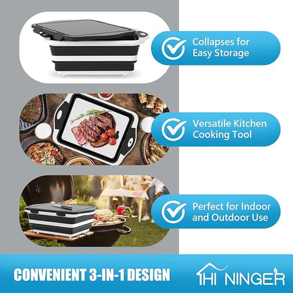 HI NINGER BBQ Prep Tub with Lid, Collapsible Camping Sink with Colander, Cutting Board & Knife Set for Grilling, Smoking & Outdoor Cooking, Collapsible Wash Basin for RV Camping Essentials