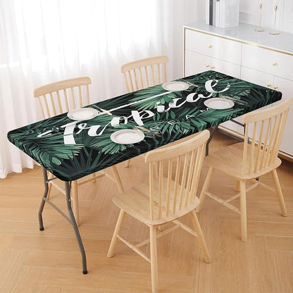 Irisbell Picnic Table Cover with Elastic Edge,6FT Wind Proof Wrinkleproof Fitted Tablecloth Cover Camping Beach Patio Rectangle Table Cloth for Indoor Outdoor (Tropical Leaves, 30'' x 72'')