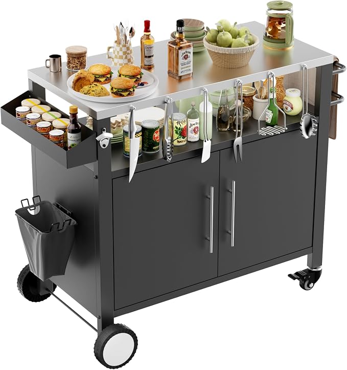 KEIKI Two Doors Outdoor Grill Cart with Patio Furniture, Rolling Bar Cart, Outdoor BBQ Cart with Hooks and Spice Rack for Grilling Accessories