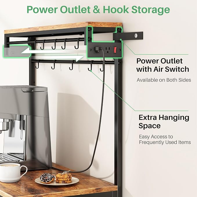 SNTD Bakers Rack with Power Outlet, Microwave Stand, Rustic Brown, 21.7" W | Coffee Stand, 4 Tiers Kitchen Storage Shelves, 10 Hooks, Metal Frame, X-Shaped Reinforcement