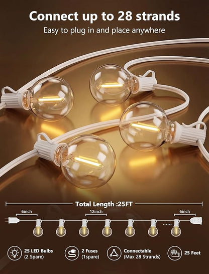 25Ft LED Outdoor String Lights, G40 Globe Patio String Lights Waterproof with 27 Shatterproof Bulbs, Hanging Outdoor Lights for Backyard Garden Bistro Wedding Party Christmas Decorations, White