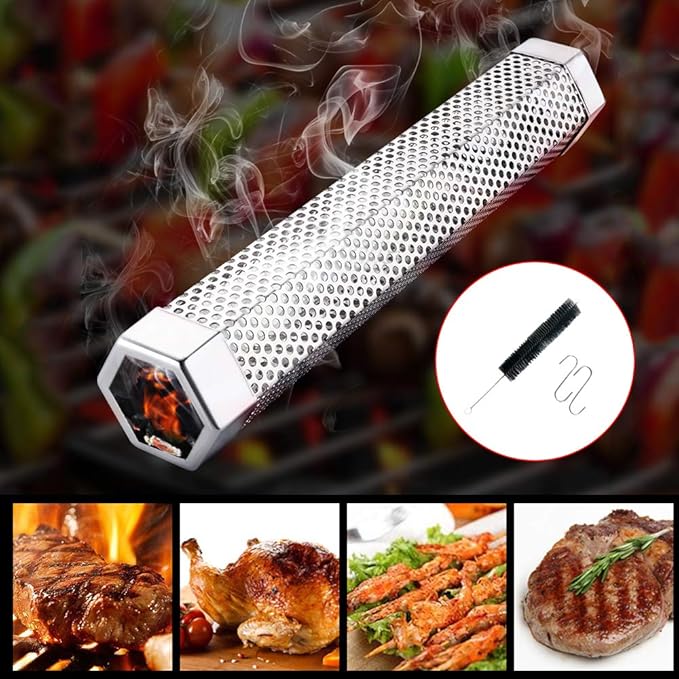 Pellet Smoker Tube for Grilling, 12 inches Premium Stainless Steel BBQ Wood Pellet Tube Smoker for Gas Charcoal Electric Grill or Smokers, Hexagonal with 2 S Shape Hooks and 1 Cleaning Brush