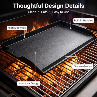 23"x16" Cast Iron Universal Griddle for Gas Grill - 23.5lb Heavy Duty - Pre-Seasoned Nonstick Surface, Reinforced Ridges & Extra High Sidewalls, Flat Top Plate for Gas/Charcoal