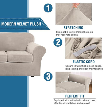 H.VERSAILTEX High Stretch Sofa Slipcover 4 Piece Cover Velvet Furniture Protector Form Fit Thick Velvet Extra Large Sofa Cover for 3 Cushion Couch Width Up to 97 Inch (Large Sofa, French Oak)