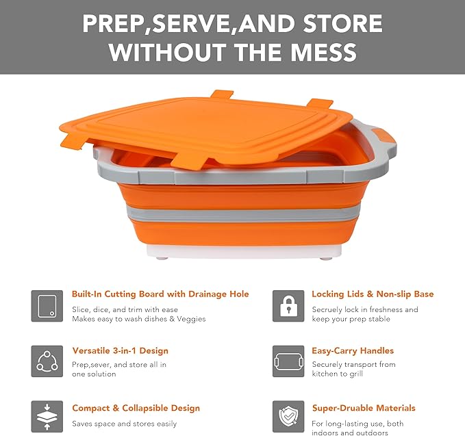 Tiawudi Large Collapsible BBQ Prep Tub with Locking Lid, Basket for Meal Prep Marinating Food Storage, Plastic Cutting Board(4.22 Gal/16L), Camping Sink with Colander, Dish Basin