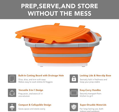 Tiawudi Large Collapsible BBQ Prep Tub with Locking Lid, Basket for Meal Prep Marinating Food Storage, Plastic Cutting Board(4.22 Gal/16L), Camping Sink with Colander, Dish Basin
