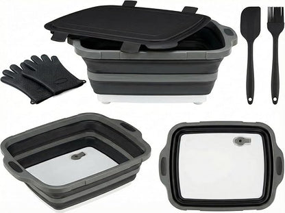 Collapsible BBQ Prep Tub with Lid & Cutting Board 8L - Meat Marinating Basin & Grill Carry System - 5pc Set with Heat Resistant Gloves, Basting Brush & Spatula(Black, Large, 8L)