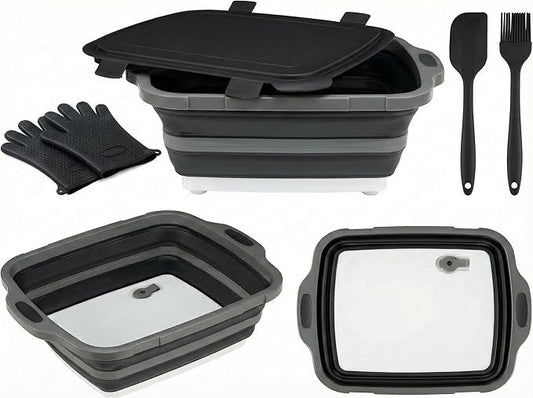 Collapsible BBQ Prep Tub with Lid & Cutting Board 8L - Meat Marinating Basin & Grill Carry System - 5pc Set with Heat Resistant Gloves, Basting Brush & Spatula(Black, Large, 8L)