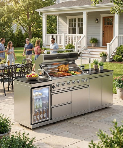 Outdoor Kitchen Island Barbecue Grill with Refrigerator & Rotisserie, Heavy-Duty Stainless Steel Freestanding Grills Station, Weather-Resistant Cooking Cabinet for Backyard & Summer Propane Gas