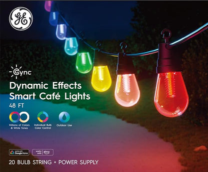 Cync GE Dynamic Effects Color Changing Smart Outdoor String Lights, 48ft | App control, Alexa & Google compatible, color changing patio cafe lights, weather resistant, 48ft, dynamic lighting effects