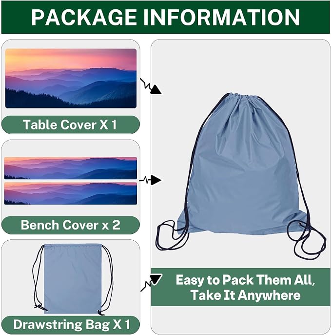 Picnic Table Cover with Bench Covers, Nature, 3PCS, 72 Inch | Full Elastic Edge Camping Tablecloth Waterproof Wipeable RV Outdoor Patio Park Essentials Drawstring Bag