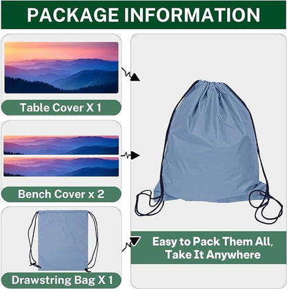 Picnic Table Cover with Bench Covers, Nature, 3PCS, 72 Inch | Full Elastic Edge Camping Tablecloth Waterproof Wipeable RV Outdoor Patio Park Essentials Drawstring Bag