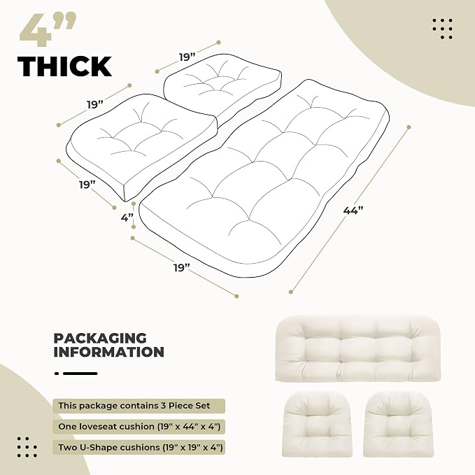 DANGHOOGY Wicker Chair Cushions, Waterproof Outdoor Loveseat Cushions for Patio Furniture, 3 Pieces Wicker Furniture Cushions, 1 Loveseat and 2 U-Shaped Cushions, Cream