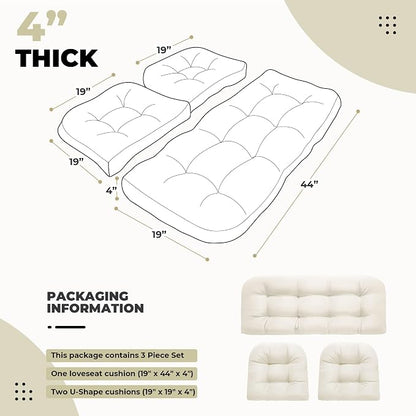 DANGHOOGY Wicker Chair Cushions, Waterproof Outdoor Loveseat Cushions for Patio Furniture, 3 Pieces Wicker Furniture Cushions, 1 Loveseat and 2 U-Shaped Cushions, Cream