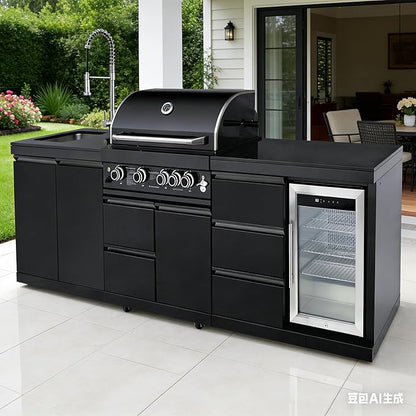 102" Outdoor Kitchen Island with Grill, 4-Burner 59,500 BTU Propane BBQ Island, Refrigerator, Sink with Trash Can Holder & 3-Drawer Cabinet, for Backyard and Patio Cooking, Black