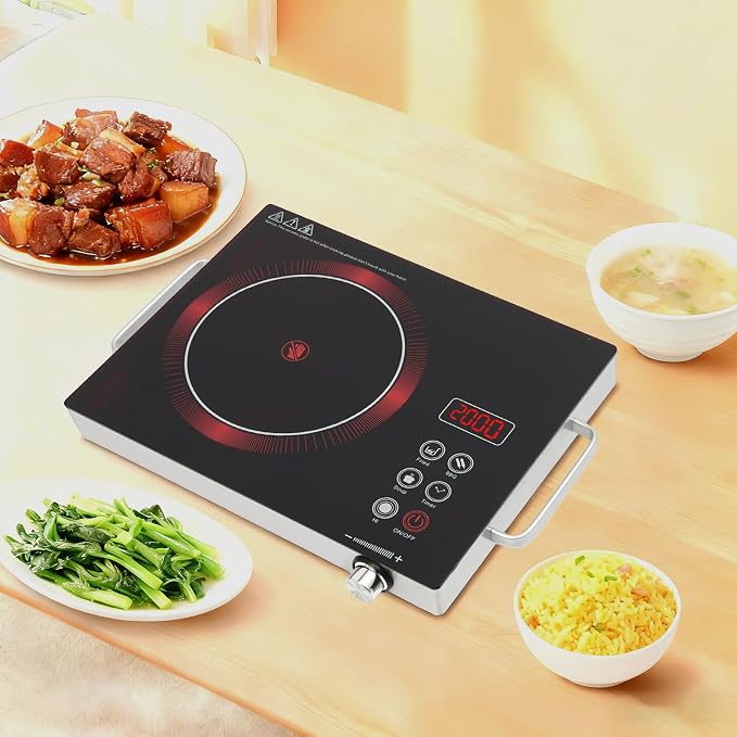 DYNAMI 1300W Electric Cooktop with LED Display and Timer,Electric Ceramic Stove Top,Countertop Stove w/Steplessly Adjustable Power,Overheat Protection,Waterproof and Oil-resistant,with Plug