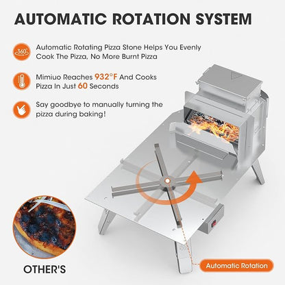 Mimiuo Auto-Rotating Wood Pellet Pizza Oven Outdoor 40Lbs, 60S Bake w/Stone | Heavy Duty, Fast Baking, Complete Baking Tool (Automatic Spinning System, Stone, Peel & Cover), Easy Operation
