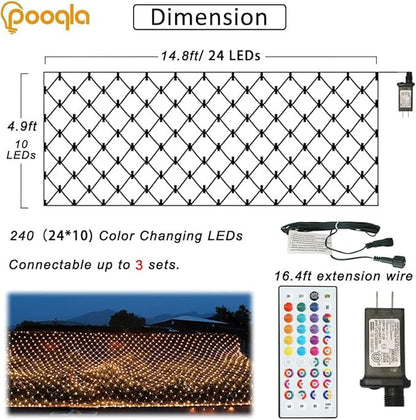 Pooqla RGB Christmas Net Lights, Color Changing Outdoor LED Mesh Lights, 14.8x4.9 ft 240 LED Christmas Outdoor Net Light, Connectable Plug in Waterproof Tree Light Bushes Decor