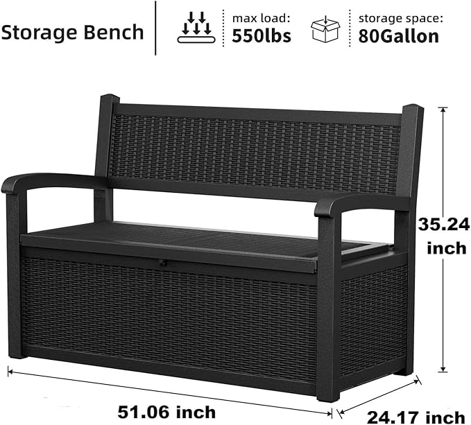 PatioZen 80 Gallon Outdoor Storage Bench Deck Box Waterproof Lockable,Outdoor Storage Furniture for Patio,Garden and Porch,Tools and Cushions（Black）