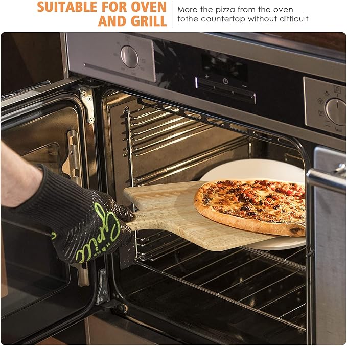 5 PCS Round Pizza Stone Set, 13" Pizza Stone for Oven and Grill with Pizza Peel(OAK),Serving Rack, Pizza Cutter & 10pcs Cooking Paper for Free, Baking Stone for Pizza, Bread (Pack of 2)