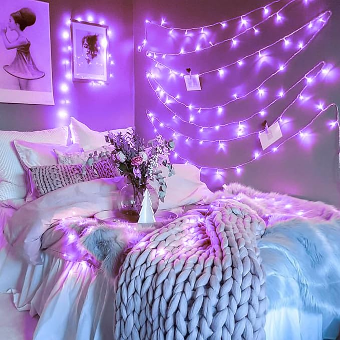 JMEXSUSS 200 LED Purple String Lights Indoor Outdoor Clear Wire | 66ft, Plug in, 8 Modes, Connectable Halloween Lights for Tree Fireplace Bedroom Garden Party Xmas Decorations