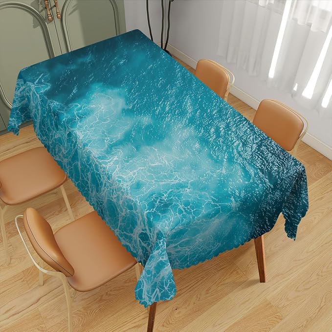 Ocean Decorative Rectangle Tablecloth Waves Blue Sea Water Ripple Rectangle Table Cover Anti-Oil Tablecloth for Dining Tables, Parties, Wedding and Banquet Decoration 52" x 70" 4-6 Seats