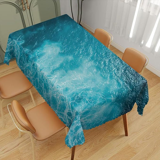 Ocean Decorative Rectangle Tablecloth Waves Blue Sea Water Ripple Rectangle Table Cover Anti-Oil Tablecloth for Dining Tables, Parties, Wedding and Banquet Decoration 52" x 70" 4-6 Seats