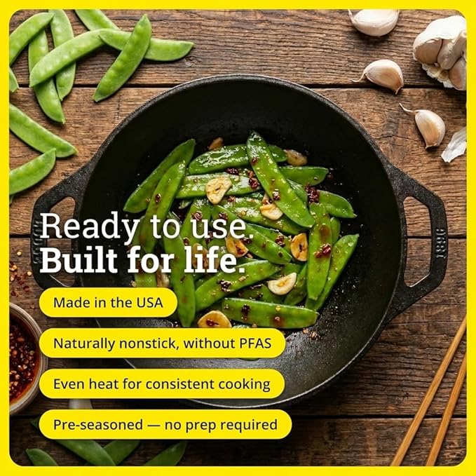 Lodge 9 Inch Cast Iron Mini Wok with Dual Loop Handles – PFAS FREE Pre-Seasoned Small Stir Fry Pan – Stovetop & Oven Safe Heavy Duty High-Heat Retention Pan – Made in USA