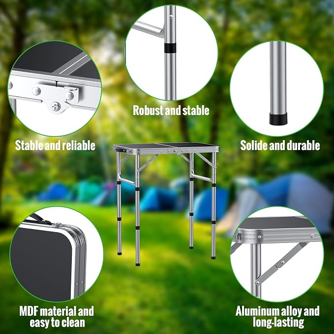 GARLLEN 2ft Folding Camping Table Max Capacity 66lbs, 3-Height Adjustable Picnic Table with MDF Tabletop, Lightweight Aluminum Folding Outdoor Tables for Grill, Travel, Picnic, 22.8" L x 15.7" W