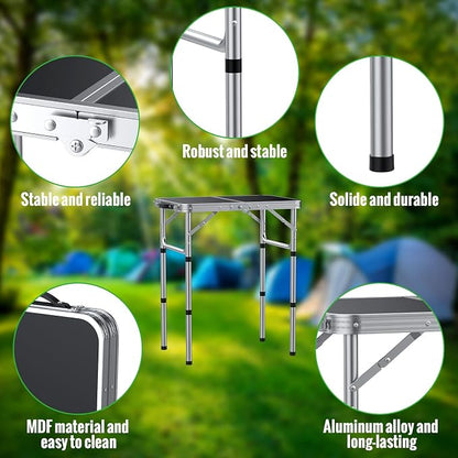 GARLLEN 2ft Folding Camping Table Max Capacity 66lbs, 3-Height Adjustable Picnic Table with MDF Tabletop, Lightweight Aluminum Folding Outdoor Tables for Grill, Travel, Picnic, 22.8" L x 15.7" W