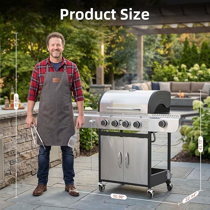 COWSAR 4-Burner Gas Grill, 42000 BTU BBQ Grill, Stainless Steel Barbecue Grill with Side Burner, Enameled Cast Iron Grill, Pull-Out Oil Tray, Suitable For Outdoor, Backyard Barbecues