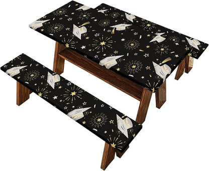 Grad Table Cloth for Birthday, Graduation, Restaurant, Wedding Decoration, Elastic Table Cloth for Graduation Party 3 PCS Set