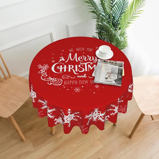 Merry Christmas Tablecloth Round 70 Inch Snowflake Tablecloth Waterproof Polyester Washable Table Cover with Winter Snowflake Pattern Table Cloth for Kitchen Dining Room Christmas Party Picnic Patio