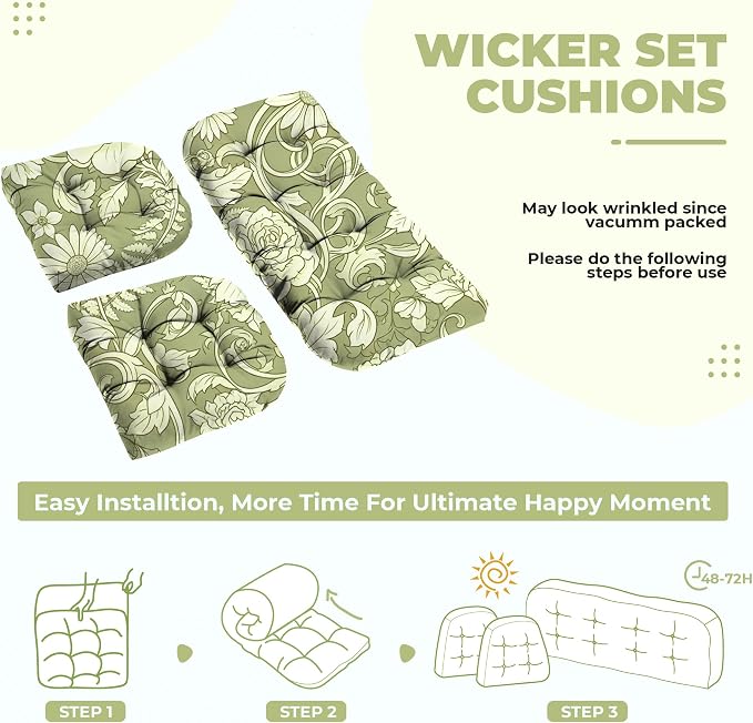 DANGHOOGY Wicker Chair Cushions, Waterproof Outdoor Loveseat Cushions for Patio Furniture, Tufted Wicker Furniture Cushions, 1 Loveseat and 2 U-Shaped Cushions (Green Rose)