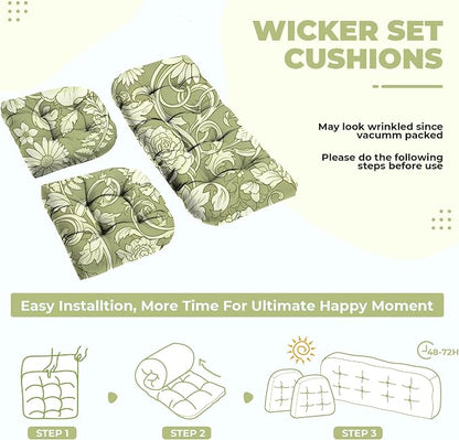 DANGHOOGY Wicker Chair Cushions, Waterproof Outdoor Loveseat Cushions for Patio Furniture, Tufted Wicker Furniture Cushions, 1 Loveseat and 2 U-Shaped Cushions (Green Rose)