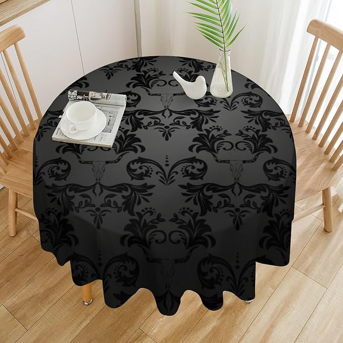 Gothic Black Damask Round Tablecloth, Vintage Floral Exotic Longhorn Skull Bull Bone Table Cloth Water Resistant Table Cover for Farmhouse Party Holiday Kitchen Dinner Table 60"