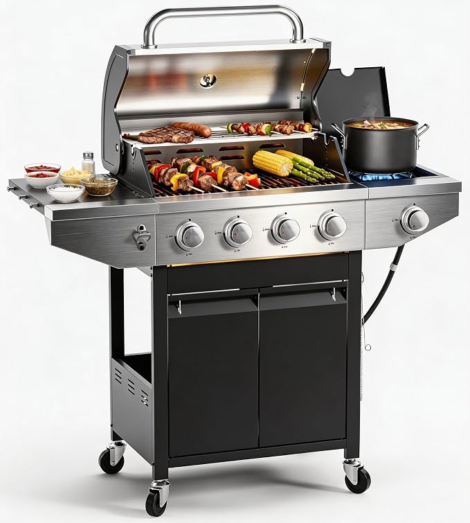EUHOME 4-Burner Propane Gas BBQ Grill with Side Burner, 46,500 BTU Stainless Steel Outdoor BBQ with Enameled Cast Iron Grates & Foldable Side Tables for Patio, Backyard, and Outdoor Cooking