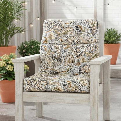 Outdoor Tufted High-Back Chair Cushions, One-Piece Hinged Seat and Back Design, Reversible with 4 Ties, Durable Polyester Fabric, Recycled Fiber Fill - Single, Arctic Paisley