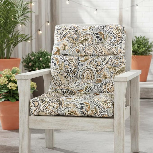 Outdoor Tufted High-Back Chair Cushions, One-Piece Hinged Seat and Back Design, Reversible with 4 Ties, Durable Polyester Fabric, Recycled Fiber Fill - Single, Arctic Paisley