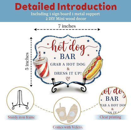 Patriotic Wooden Hot Dog Sign with Metal Stand, 5 x 7 Inch Independence Day Tabletop Food Display for BBQ Party, Buffet Table, Food Truck, Hot Dog Shop, Celebration Decor - A02