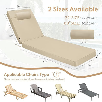Chaise Lounge Cushion for Outdoor Furniture, Waterproof, Fade-Resistant and Tear Resistant, Patio Lounger Pads with Removable Cover for Pool, Deck, Lawn, 80x26x4 inch, Khaki
