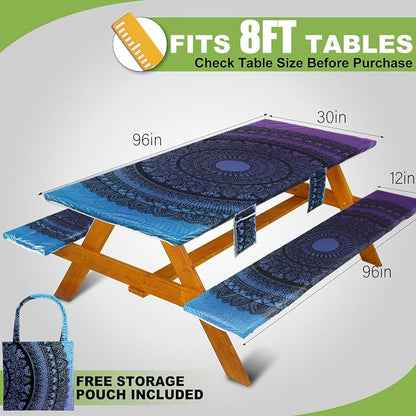 Wrakus Picnic Table Cover with Bench Covers Vinyl Elastic Edges Fitted Rectangle Seat Tables Waterproof 3-Piece96X30in Set Outdoor Rectangular Folding Backing Tablecloth for Camping Over Size