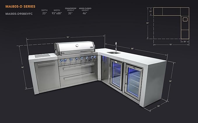 Mont Alpi Premium 94"W x 88"D Deluxe Stainless Steel Modular L-shaped Outdoor Kitchen Island with 2 Refrigerators + Beverage Center Faucet & Sink + 44"W 6-Burner BBQ Grill + Storage Cabinets & Drawers