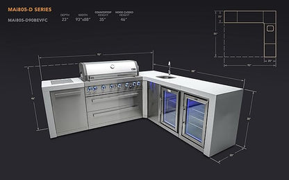 Mont Alpi Premium 94"W x 88"D Deluxe Stainless Steel Modular L-shaped Outdoor Kitchen Island with 2 Refrigerators + Beverage Center Faucet & Sink + 44"W 6-Burner BBQ Grill + Storage Cabinets & Drawers