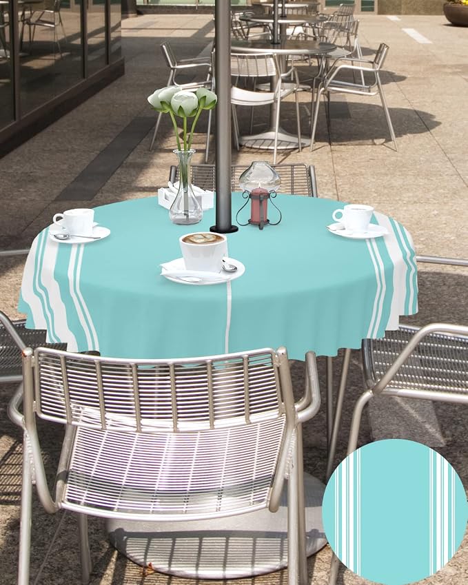 QueenKer Outdoor Tablecloth with Umbrella Hole, Farmhouse Teal White Stripe Round Tables Waterproof Tabletop Collection for Patio, Garden, Picnic, Camping, Dining 60R