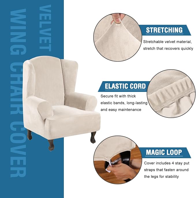 H.VERSAILTEX Wingback Chair Covers Polyester Spandex Plush Wing Chair Slipcover 1 Piece High Stretch Wing Back Chair Slipcovers Sofa Cover Furniture Cover with Elastic Bottom, Cream