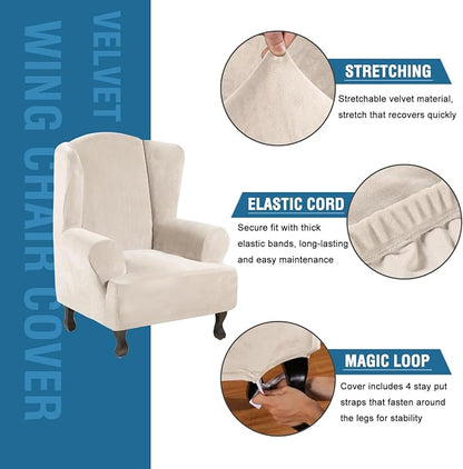 H.VERSAILTEX Wingback Chair Covers Polyester Spandex Plush Wing Chair Slipcover 1 Piece High Stretch Wing Back Chair Slipcovers Sofa Cover Furniture Cover with Elastic Bottom, Cream